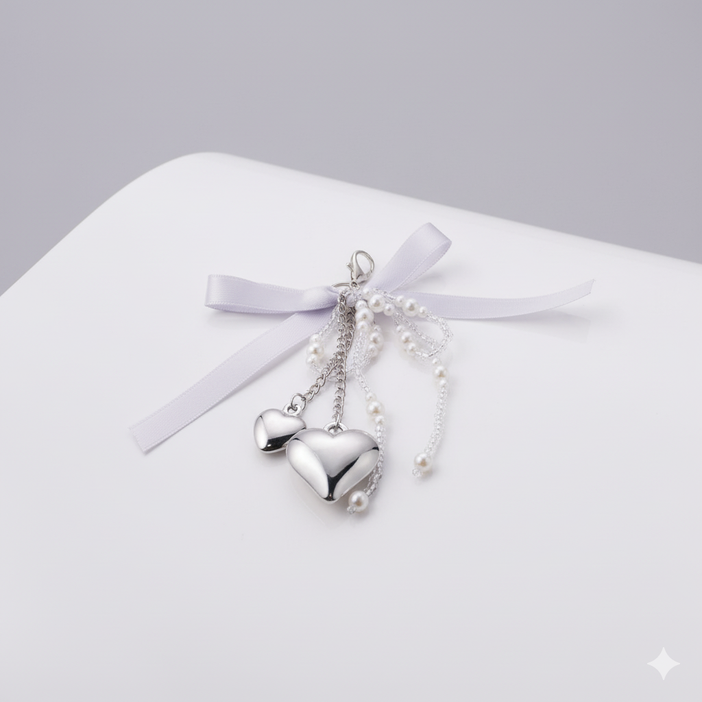 Gray Ribbon Bow & Heart Pendant